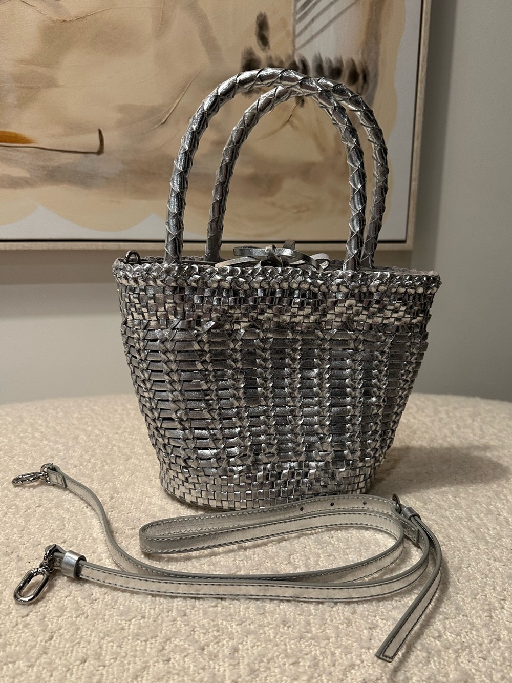 J.Crew Woven Metallic Silver Tote Bag with Detachable Strap